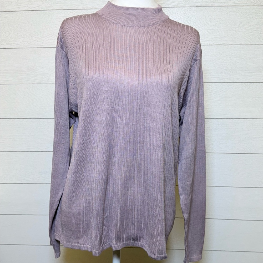 Vintage Elegant Mauve Ribbed Long Sleeve Sweater Mock Neck 100% Silk
